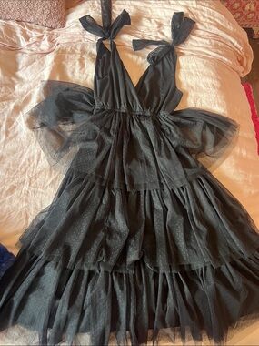 In Bloom Black Tiered Tulle Midi Dress with Bow Straps